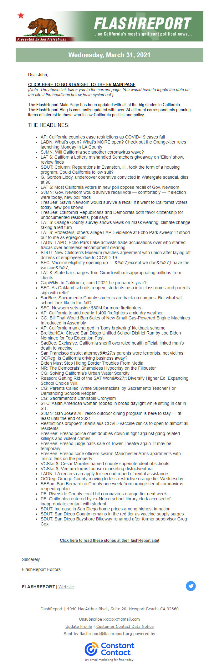 Screenshot of the email generated on import