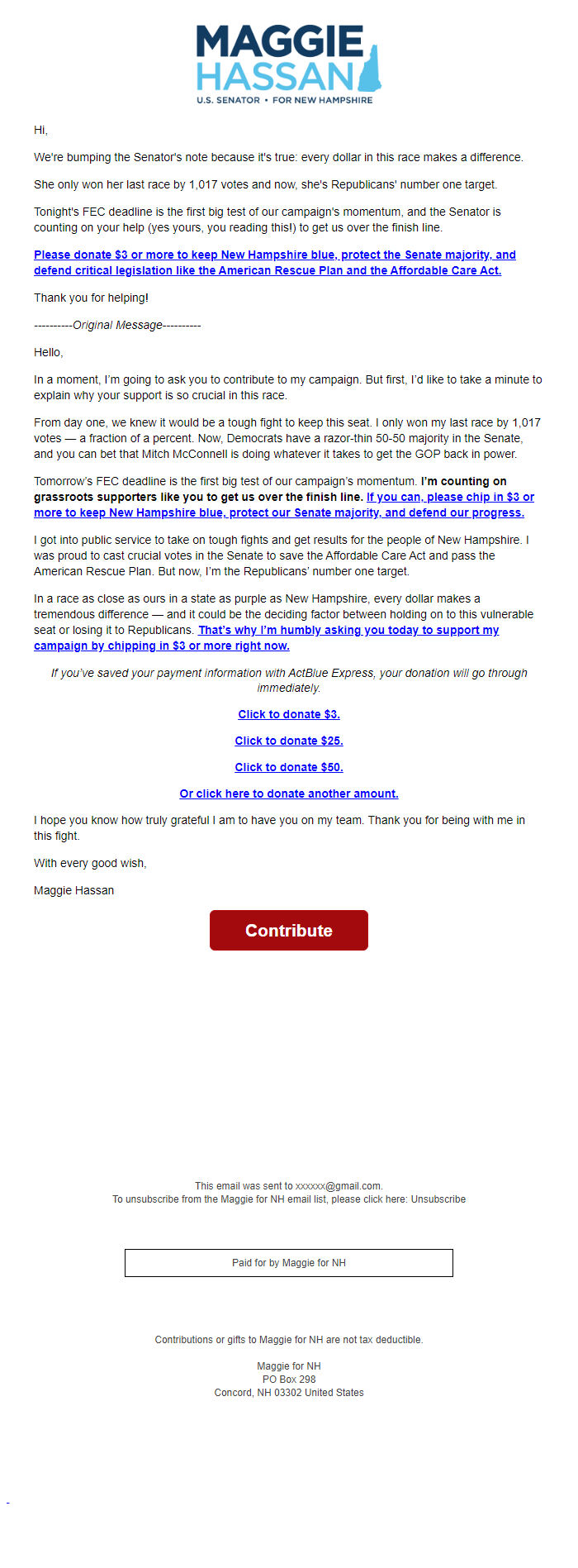Screenshot of the email generated on import