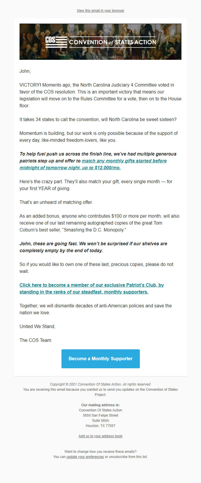 Screenshot of the email generated on import