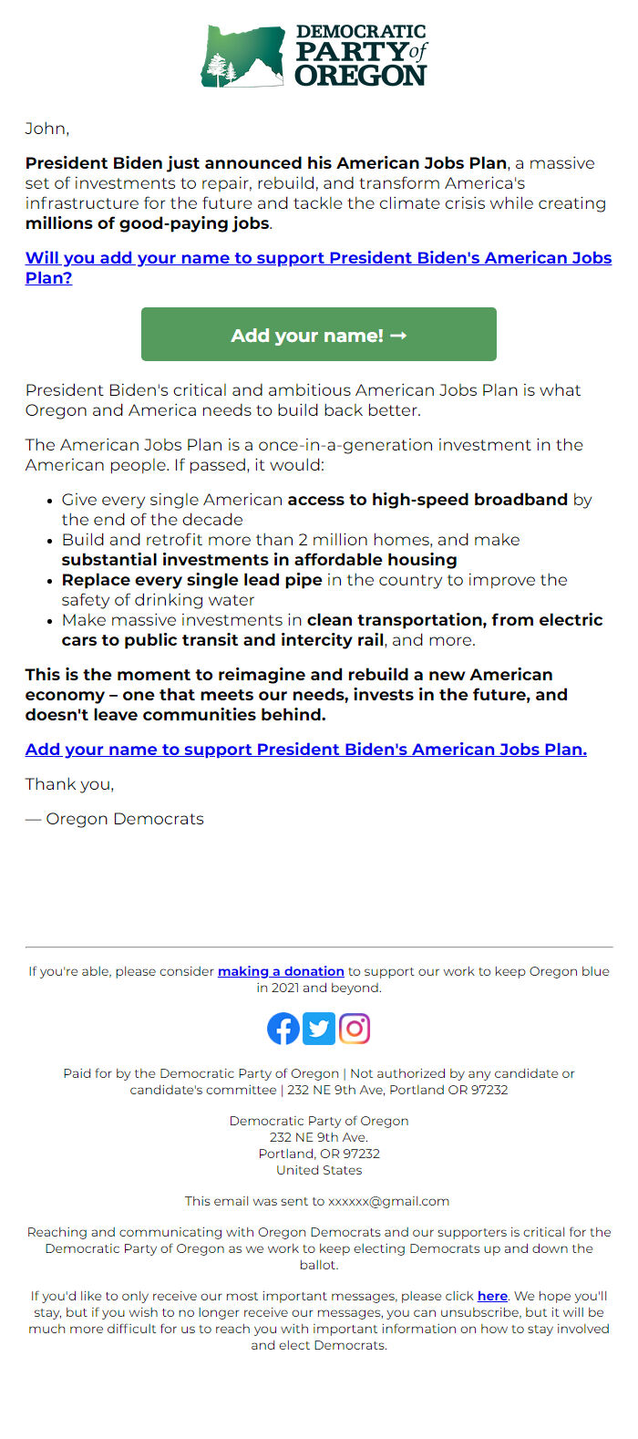Screenshot of the email generated on import