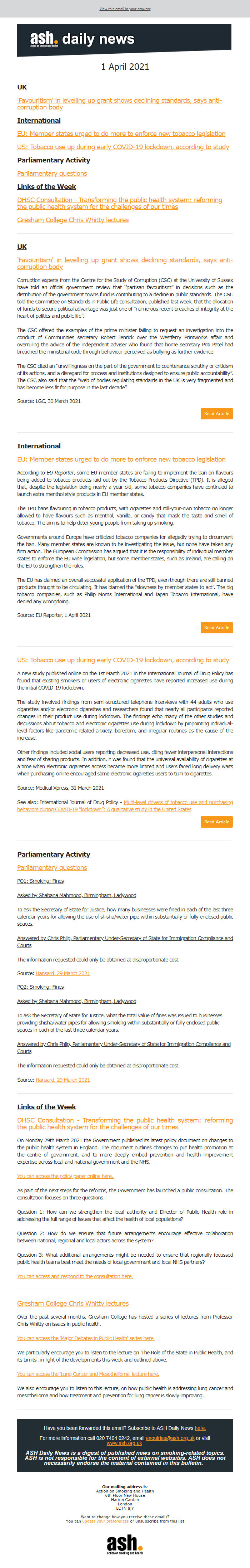 Screenshot of the email generated on import
