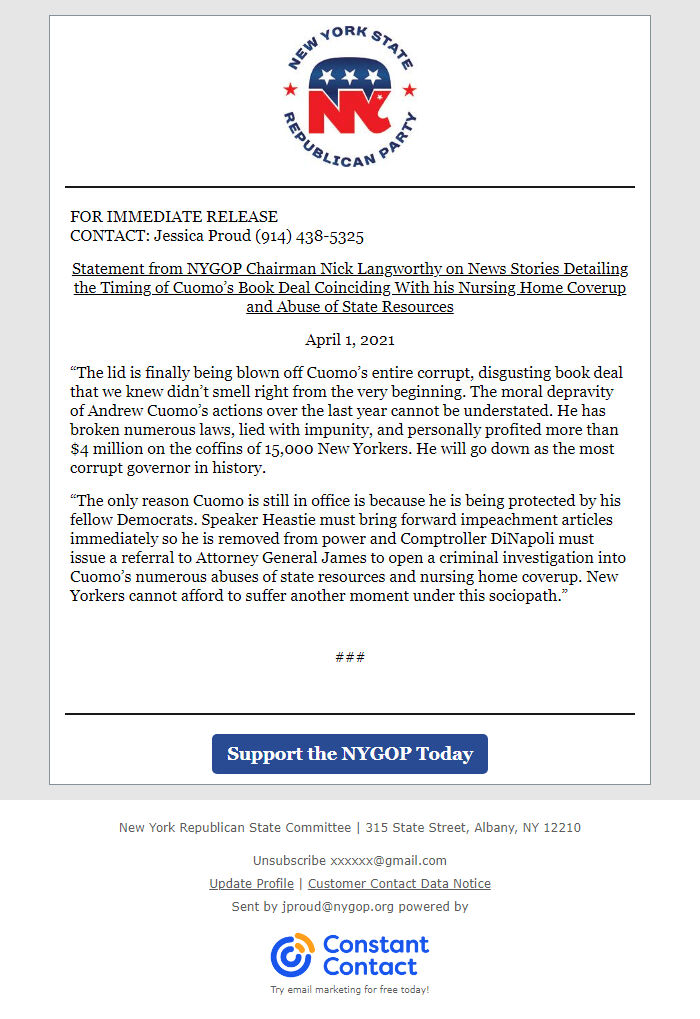 Screenshot of the email generated on import