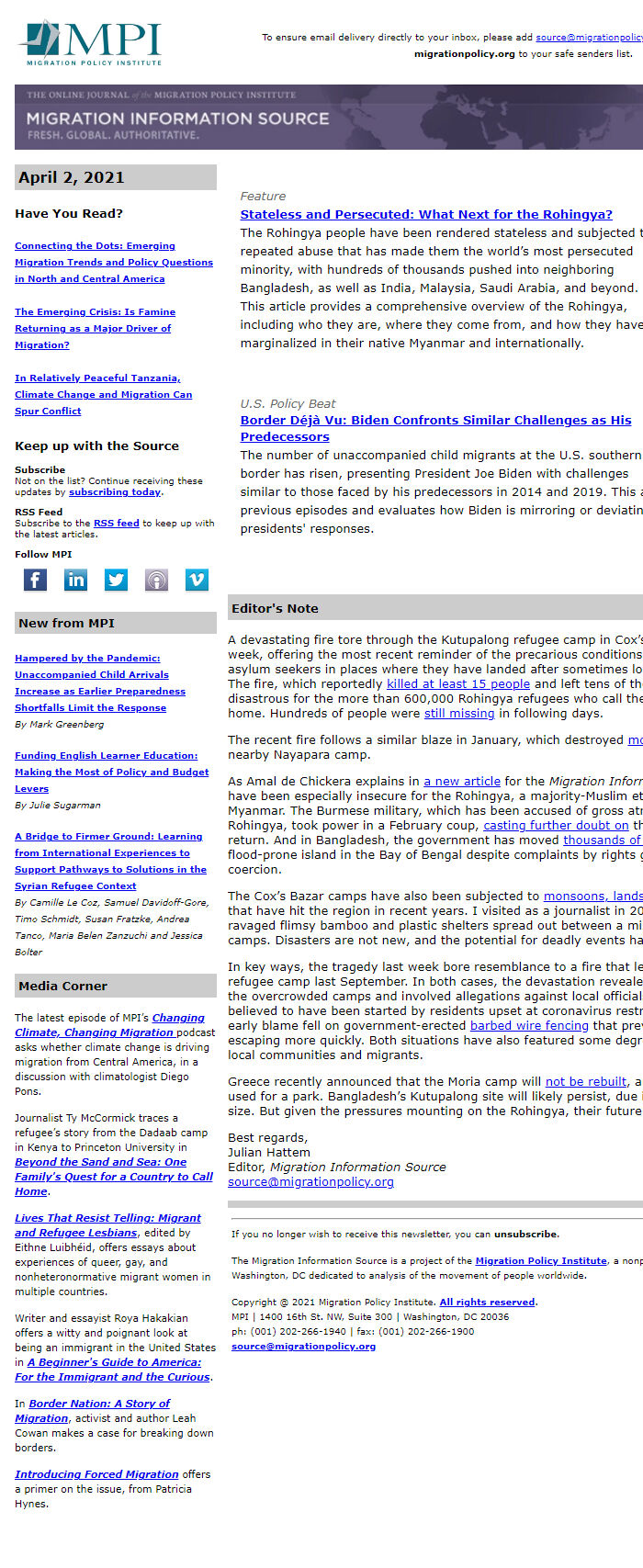 Screenshot of the email generated on import