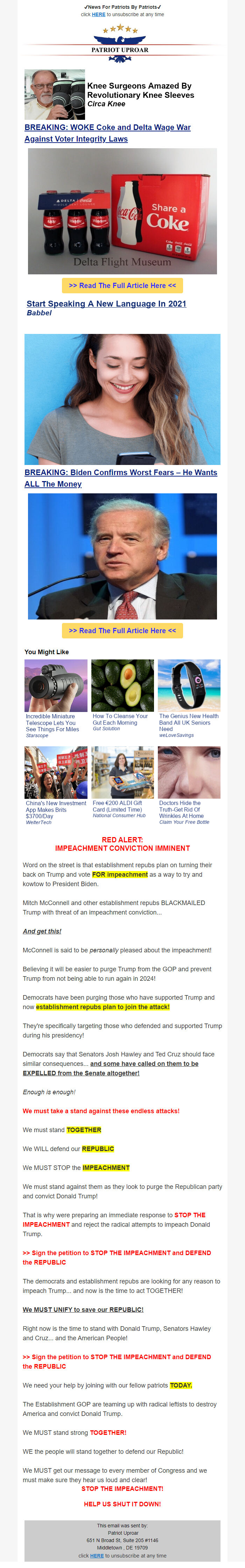 Screenshot of the email generated on import