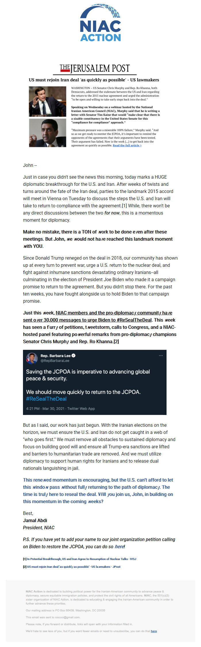 Screenshot of the email generated on import
