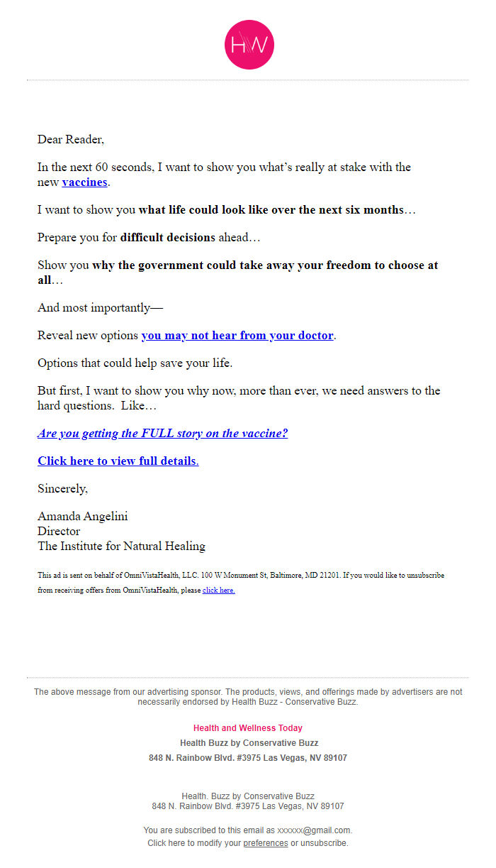 Screenshot of the email generated on import