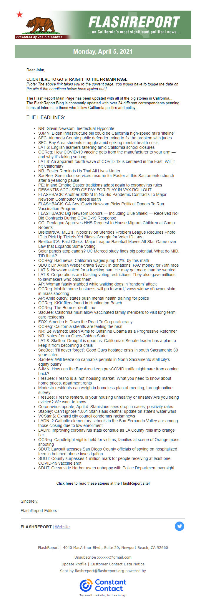 Screenshot of the email generated on import
