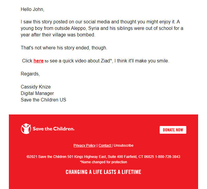 Screenshot of the email generated on import