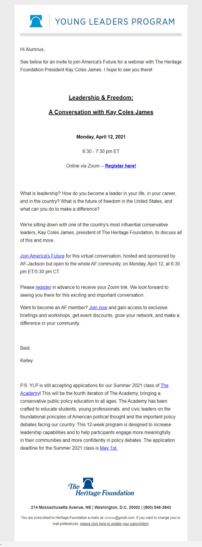 Screenshot of the email generated on import