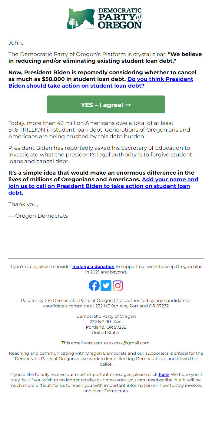 Screenshot of the email generated on import
