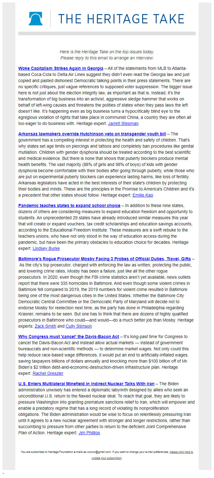 Screenshot of the email generated on import