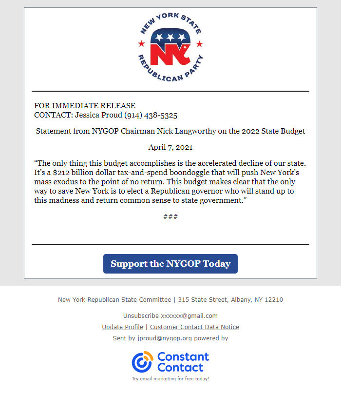 Screenshot of the email generated on import