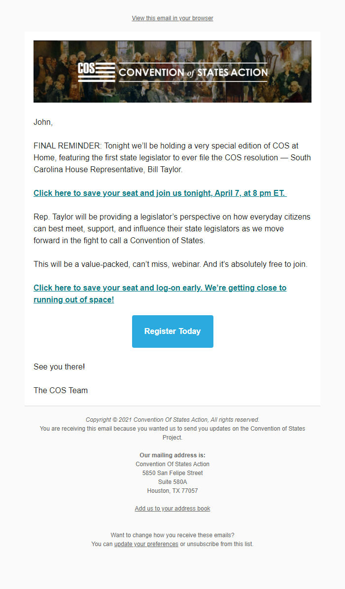 Screenshot of the email generated on import