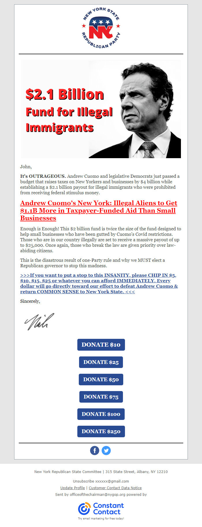Screenshot of the email generated on import