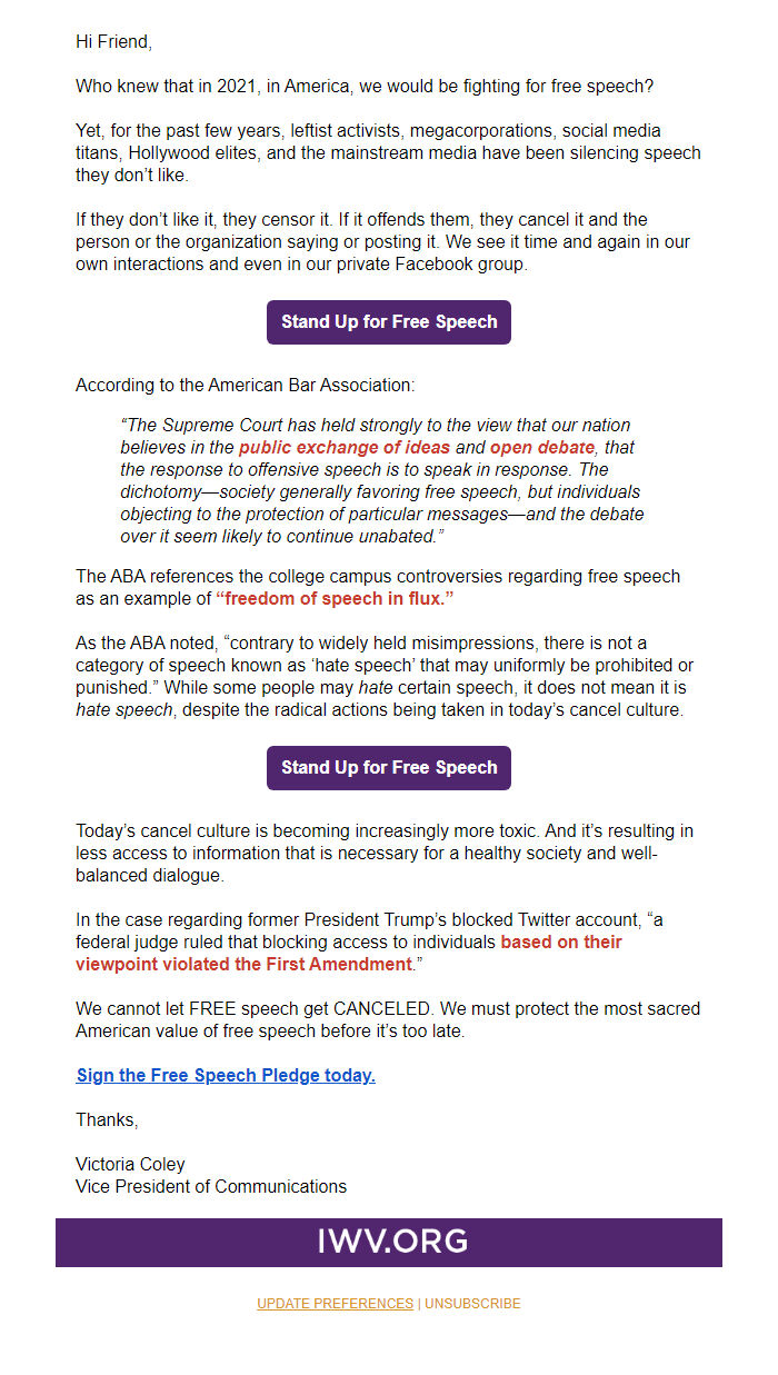 Screenshot of the email generated on import