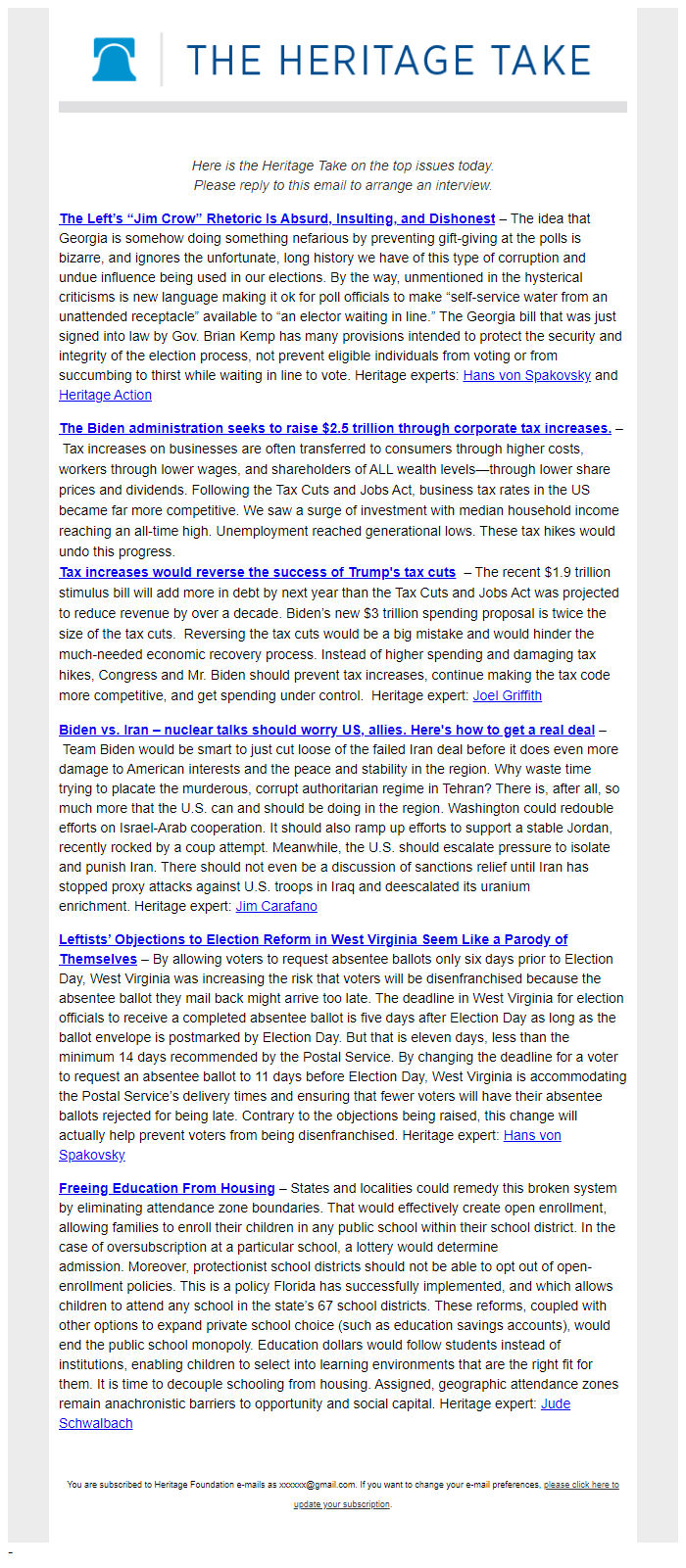 Screenshot of the email generated on import