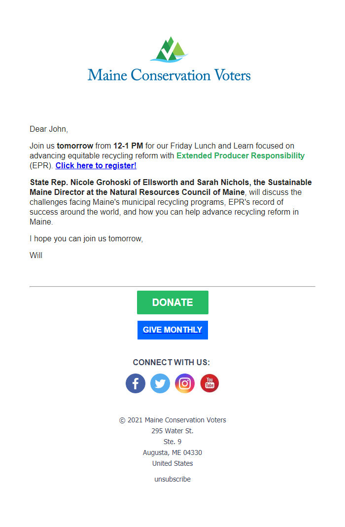 Screenshot of the email generated on import