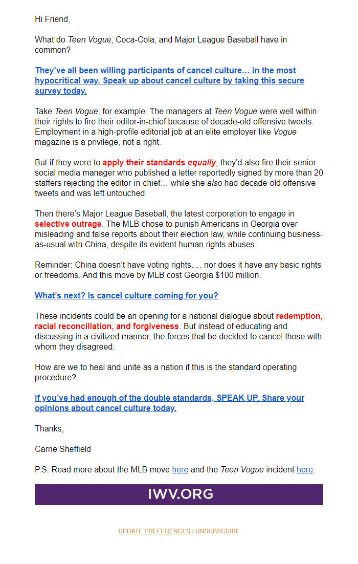 Screenshot of the email generated on import