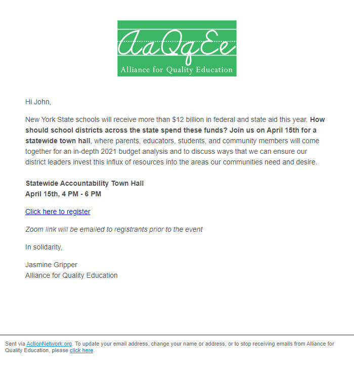 Screenshot of the email generated on import