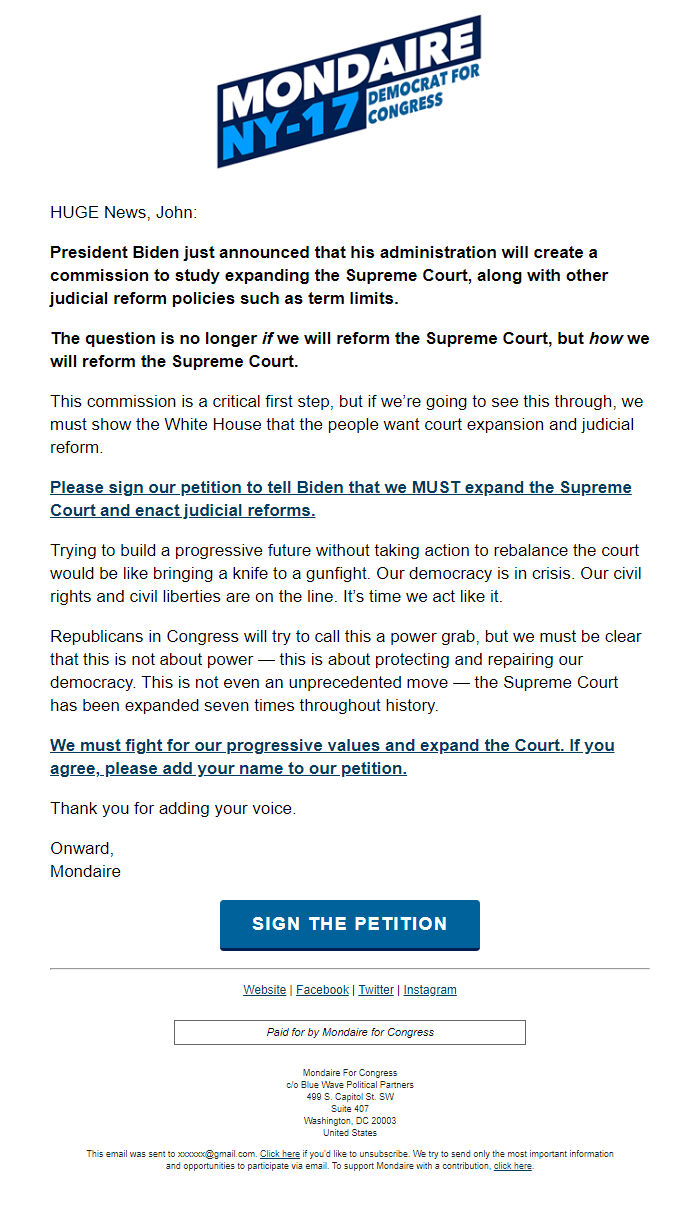 Screenshot of the email generated on import