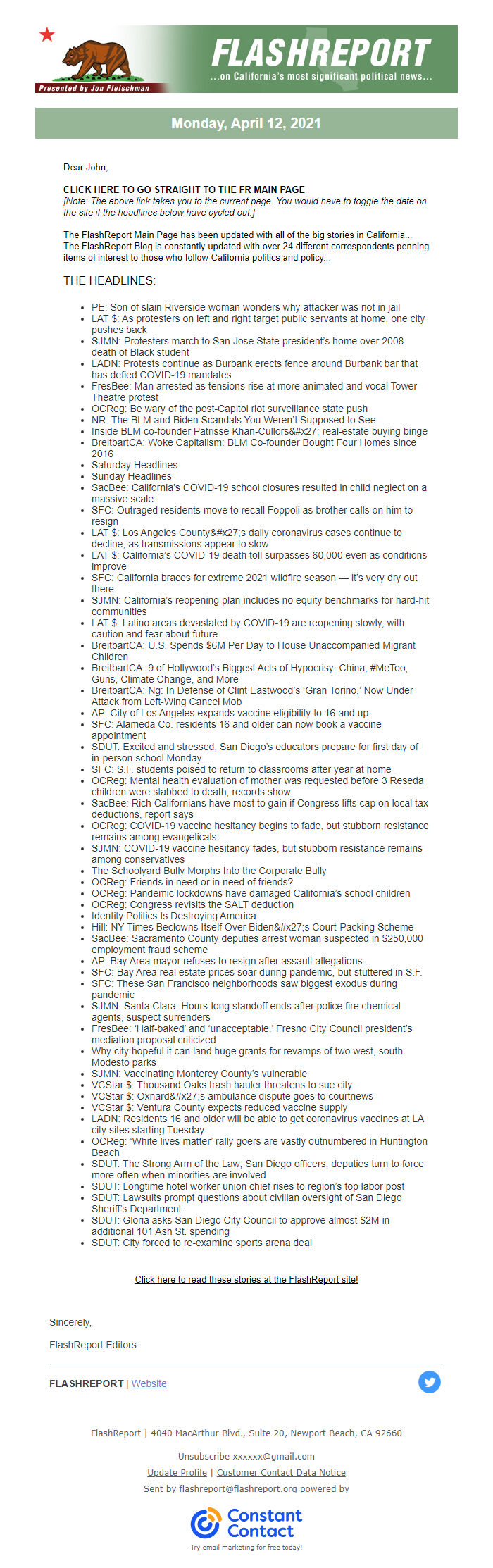 Screenshot of the email generated on import