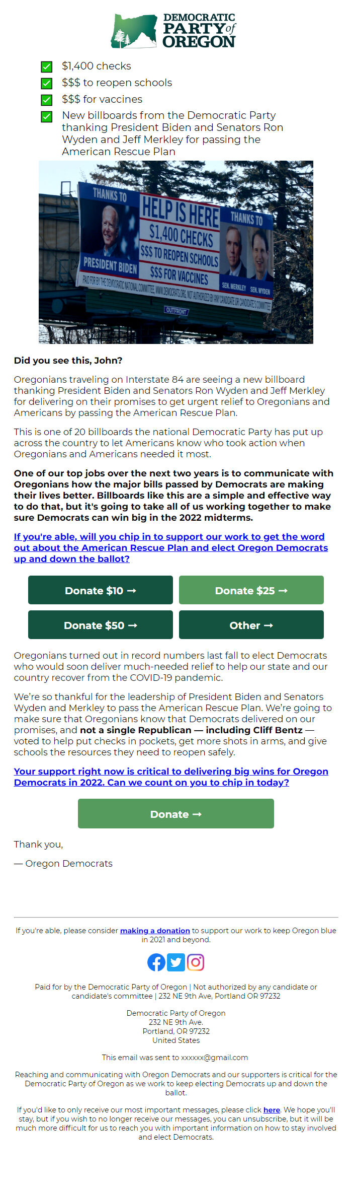 Screenshot of the email generated on import