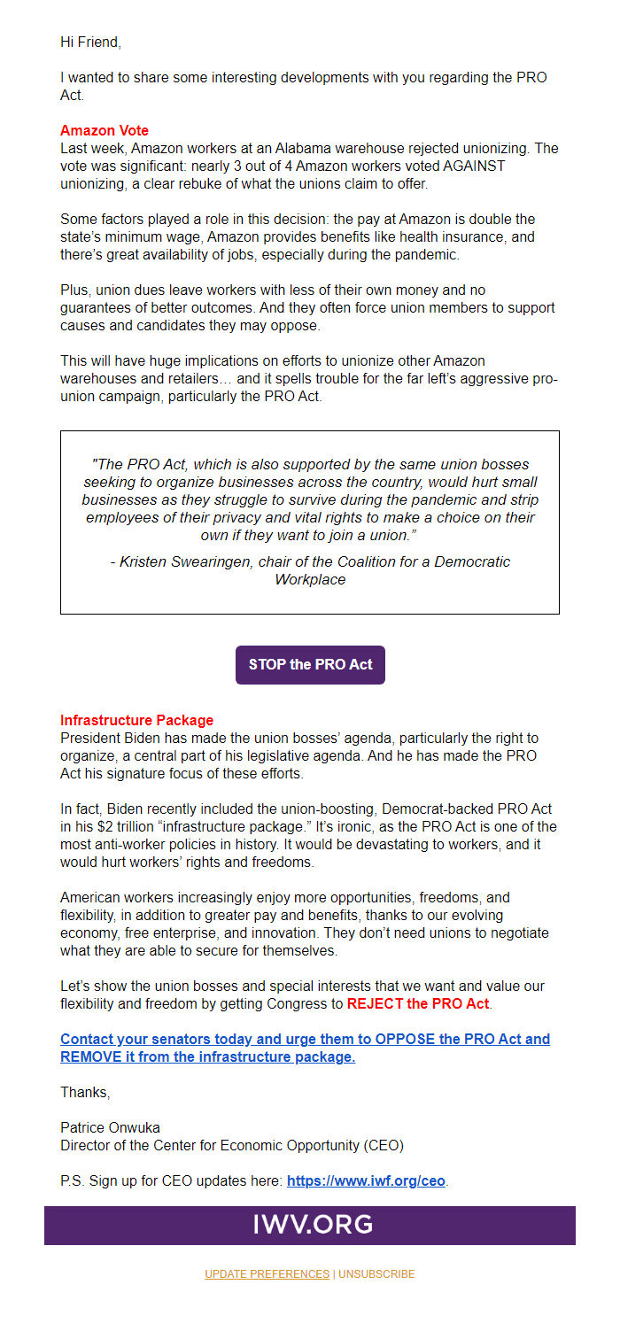 Screenshot of the email generated on import