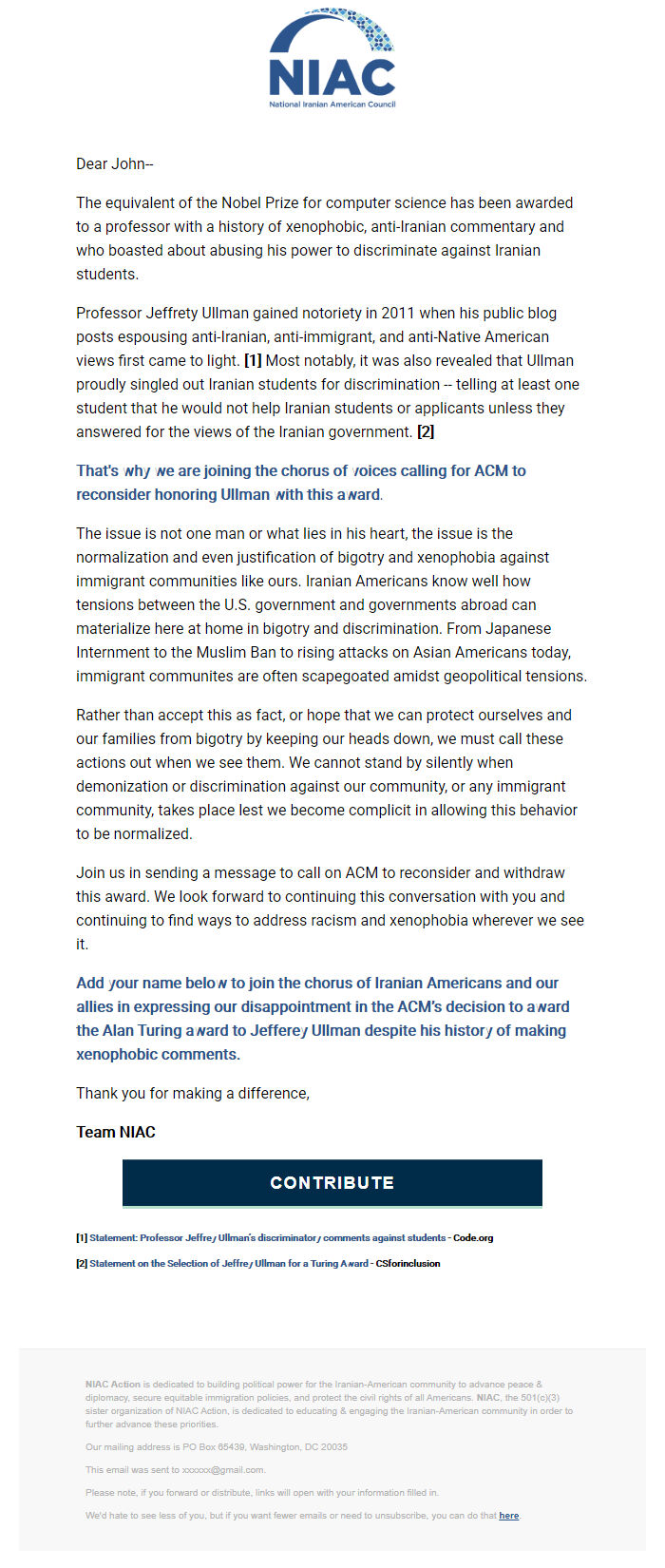 Screenshot of the email generated on import