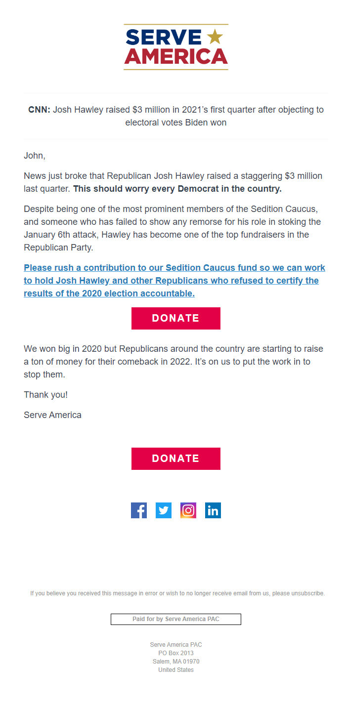 Screenshot of the email generated on import