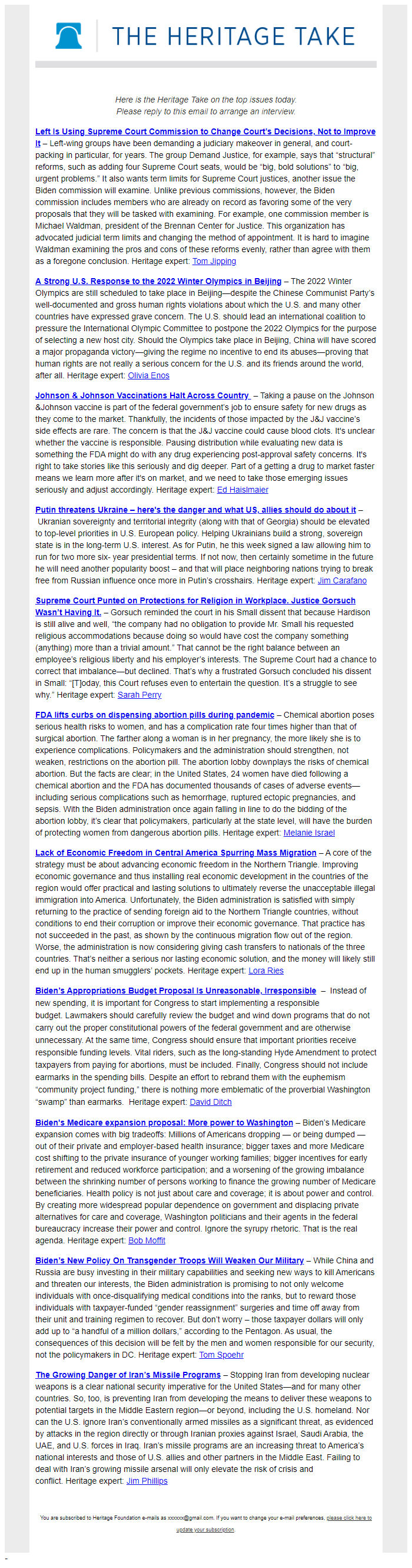 Screenshot of the email generated on import