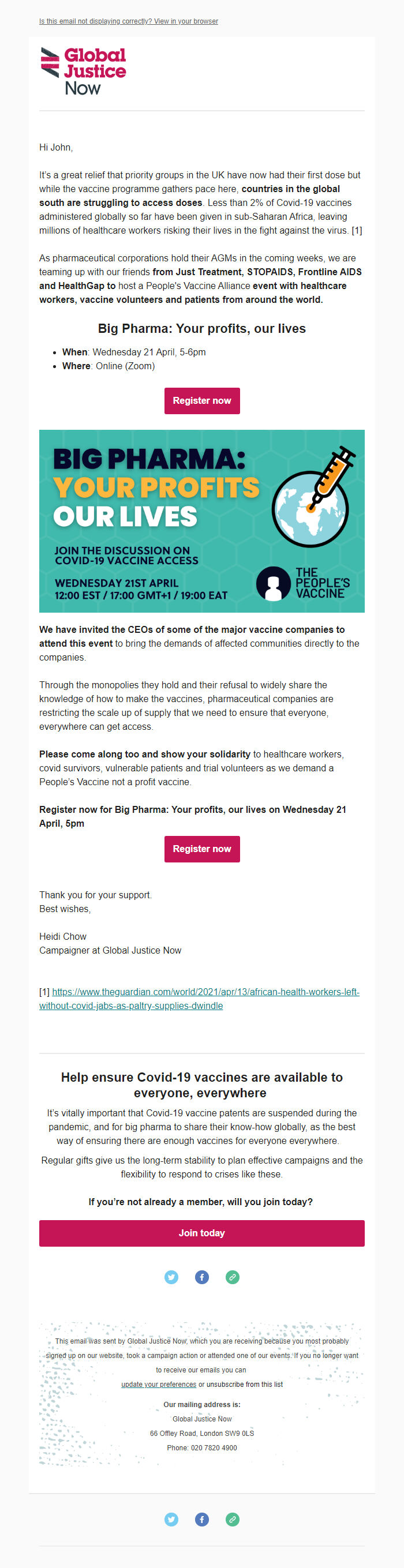 Screenshot of the email generated on import