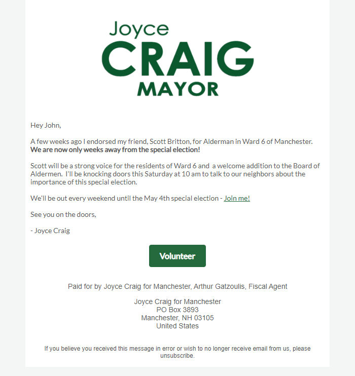 Screenshot of the email generated on import