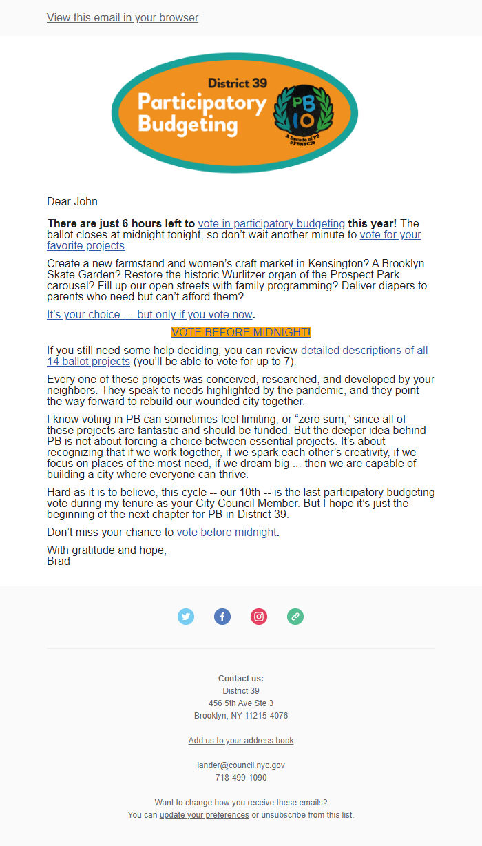 Screenshot of the email generated on import