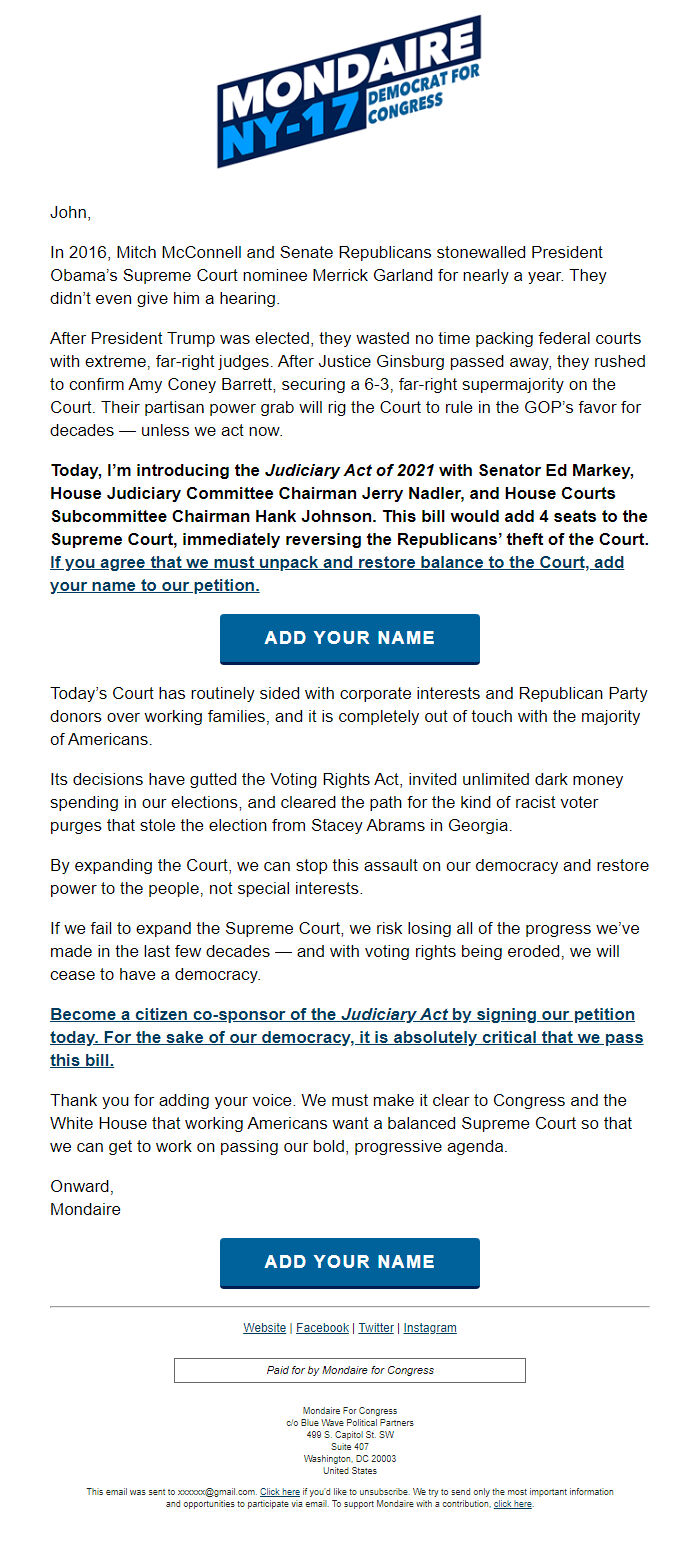 Screenshot of the email generated on import