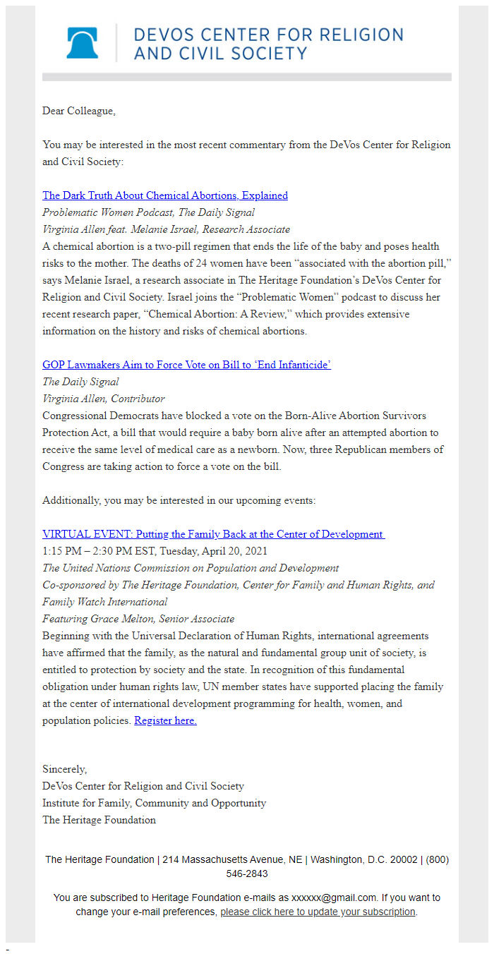 Screenshot of the email generated on import