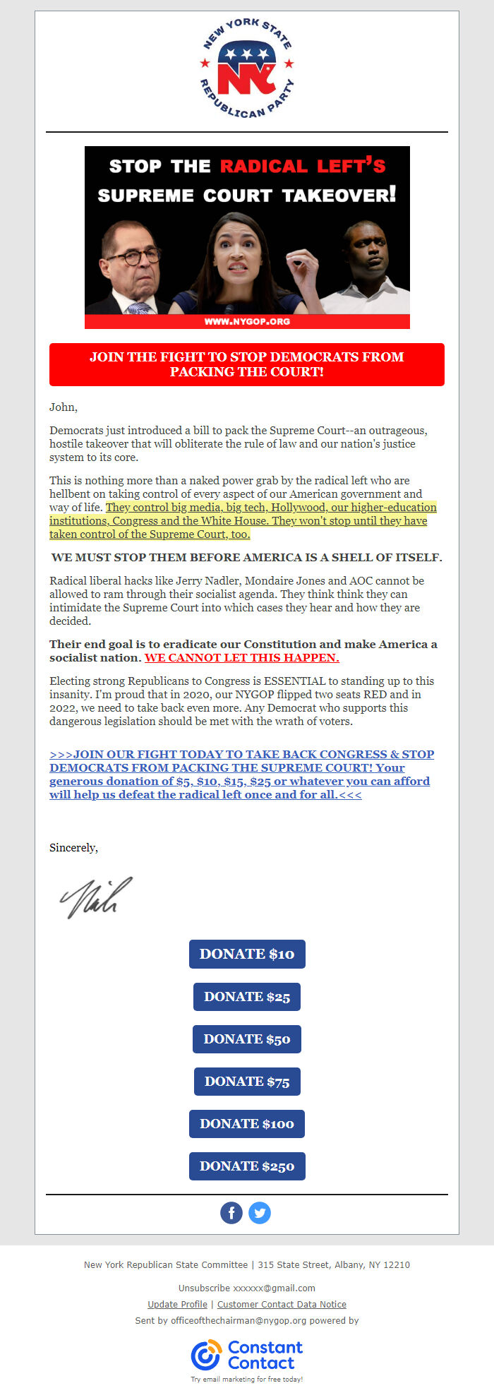 Screenshot of the email generated on import