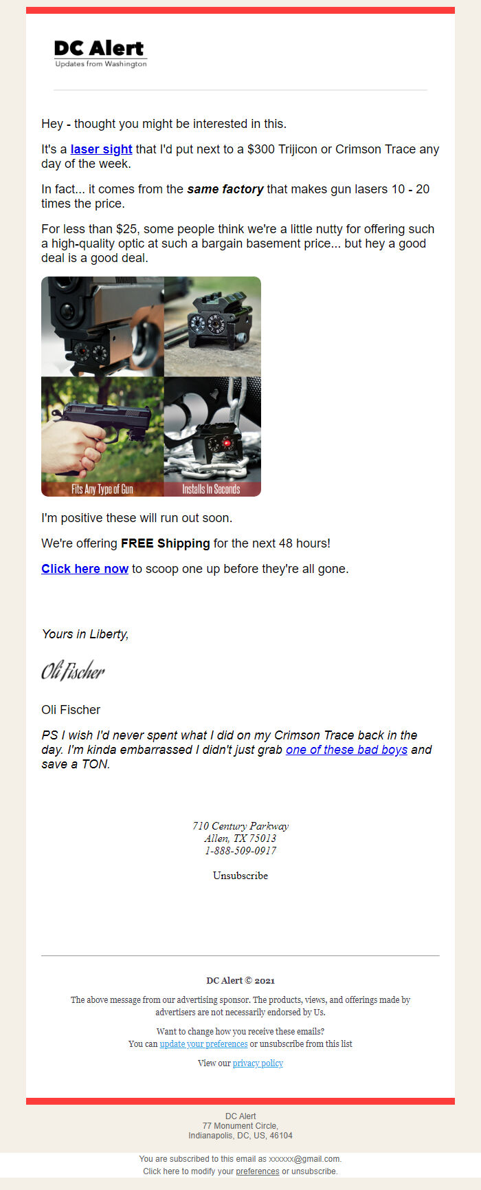 Screenshot of the email generated on import