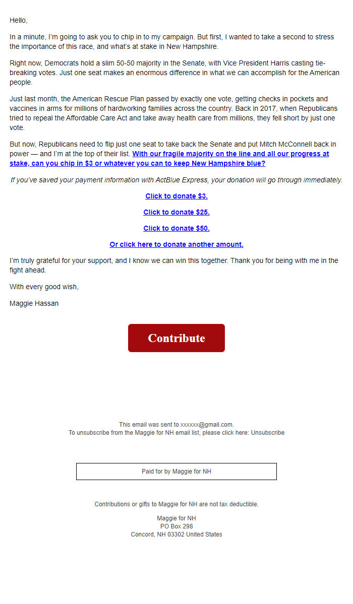 Screenshot of the email generated on import