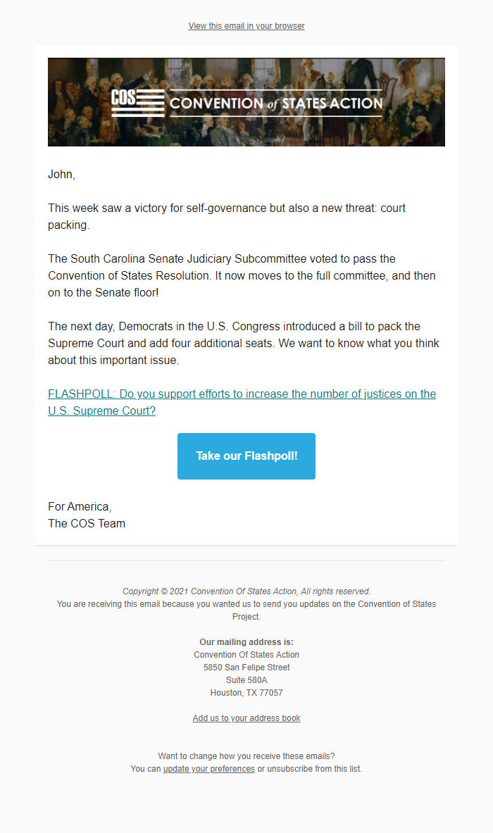 Screenshot of the email generated on import