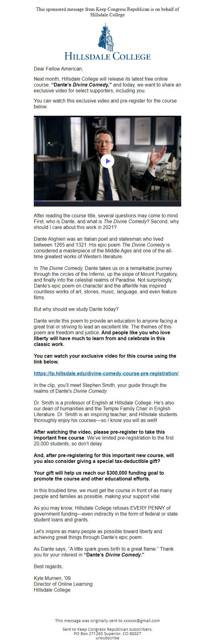 Screenshot of the email generated on import