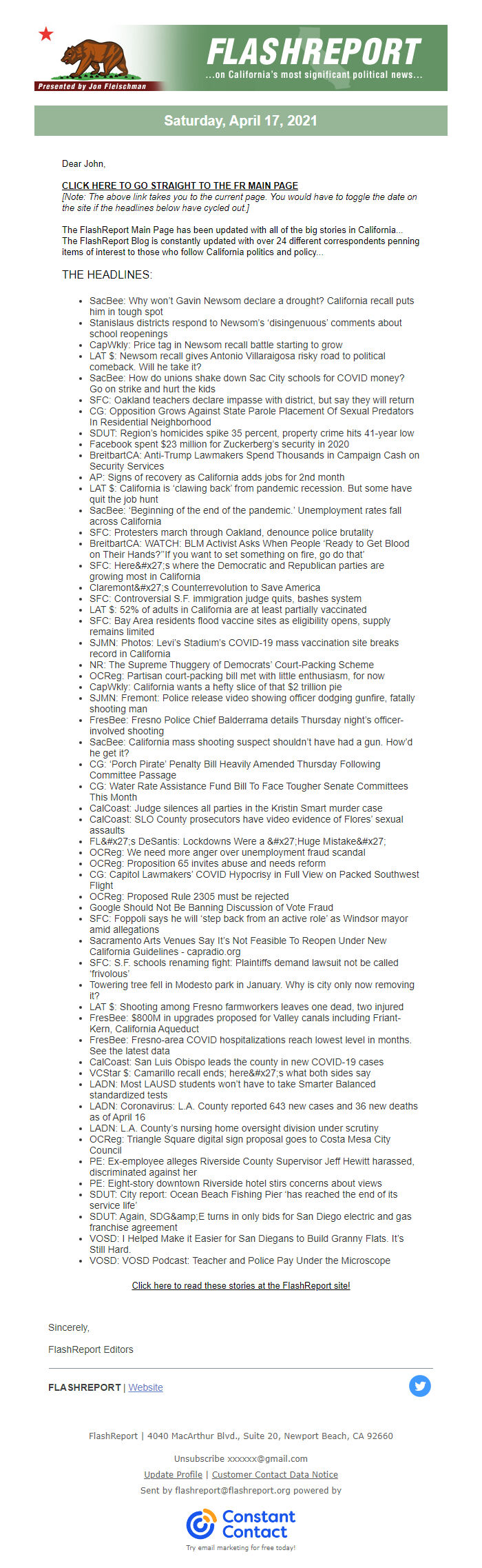 Screenshot of the email generated on import