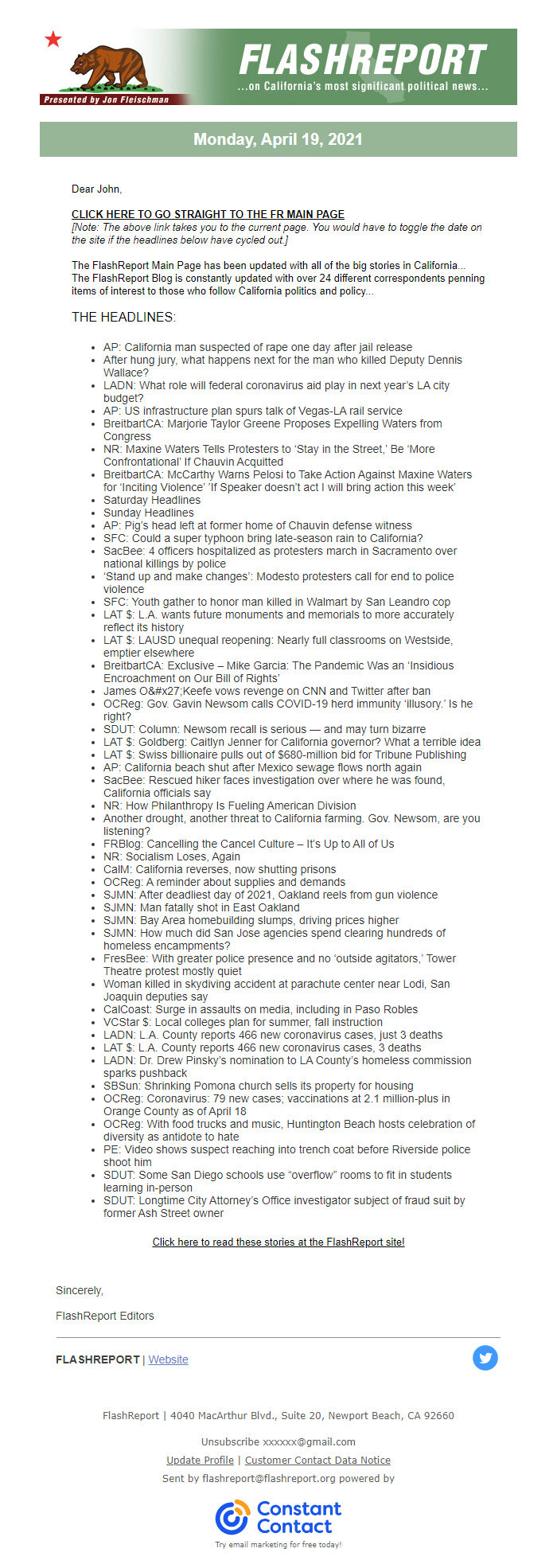 Screenshot of the email generated on import