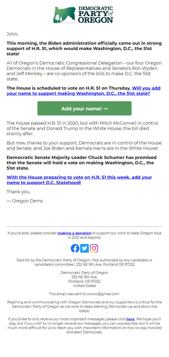 Screenshot of the email generated on import