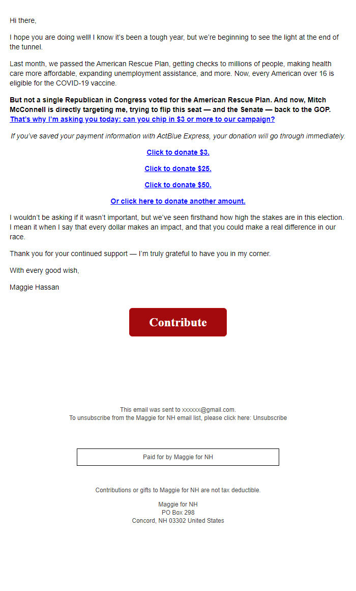 Screenshot of the email generated on import