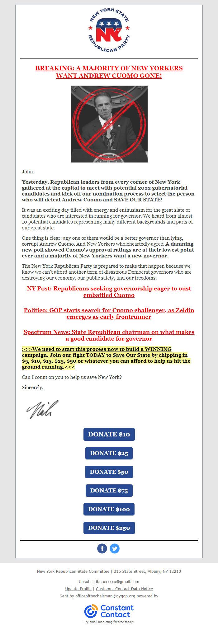 Screenshot of the email generated on import