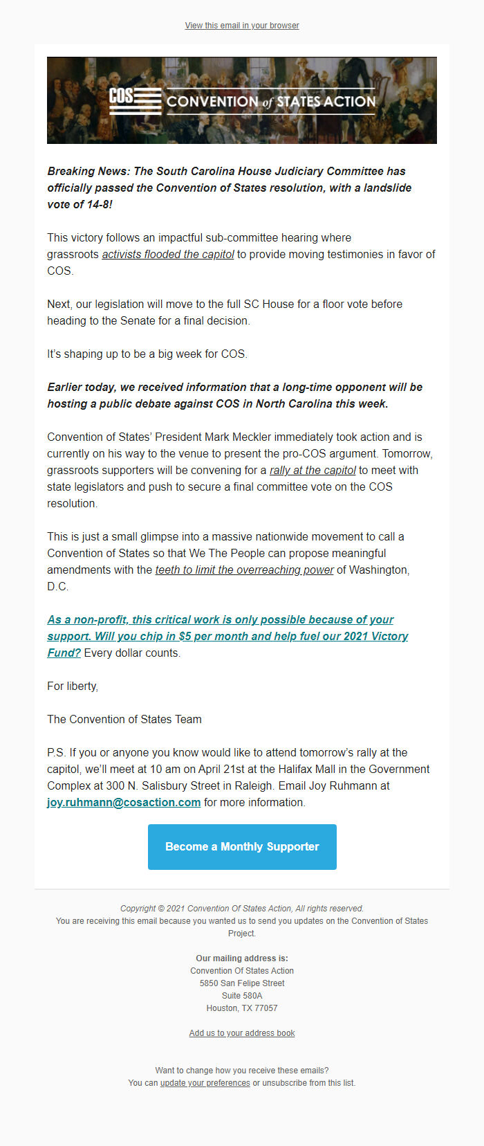 Screenshot of the email generated on import