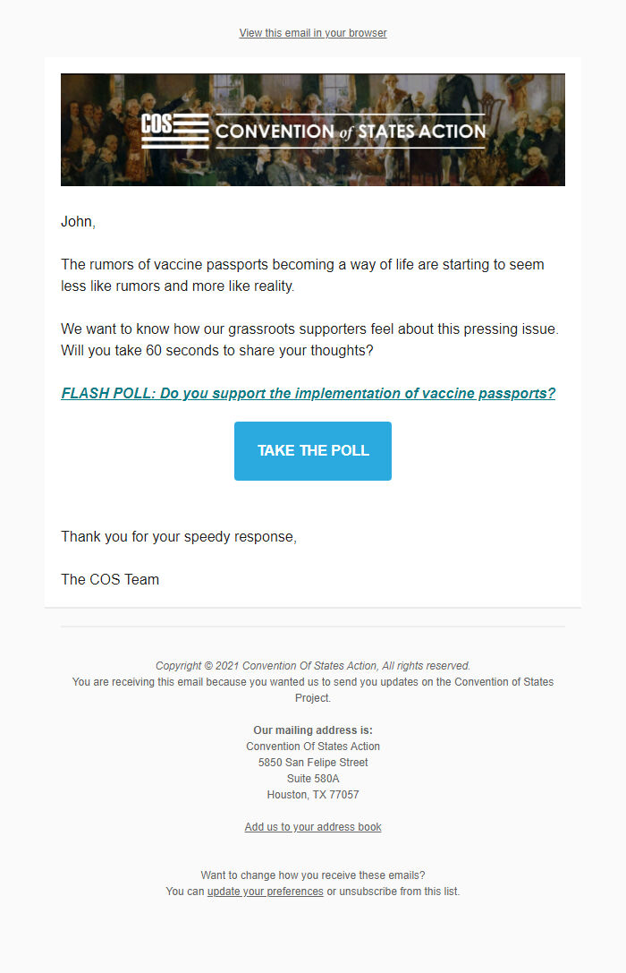 Screenshot of the email generated on import