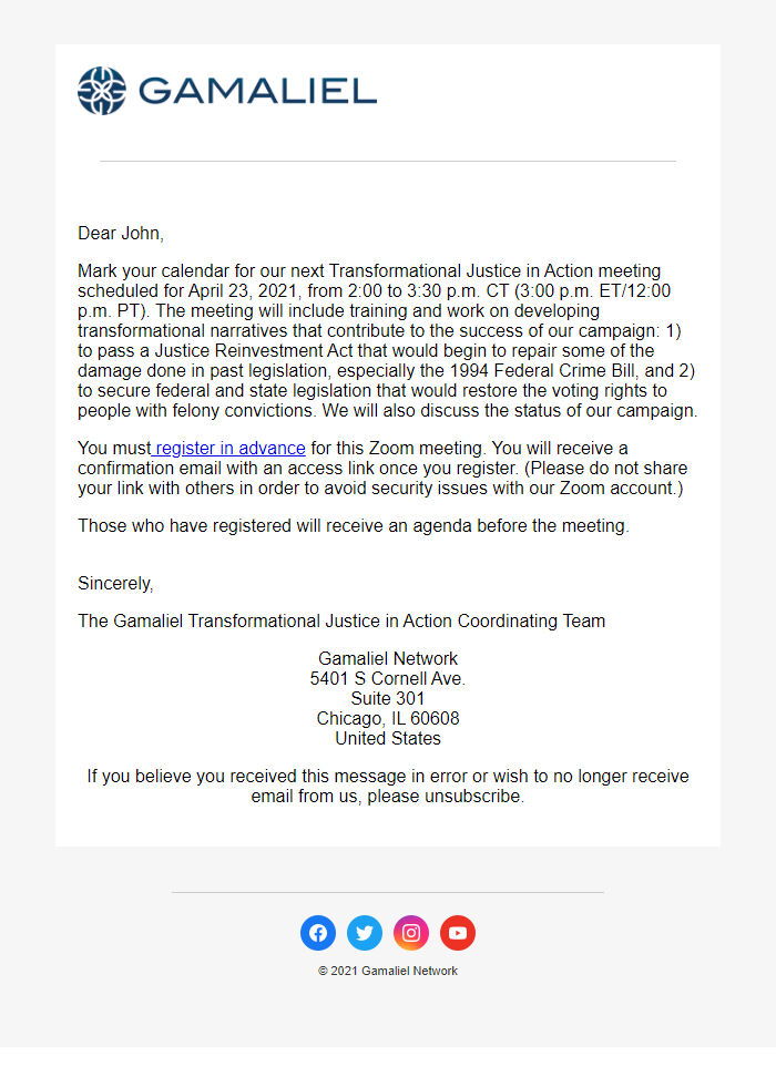 Screenshot of the email generated on import