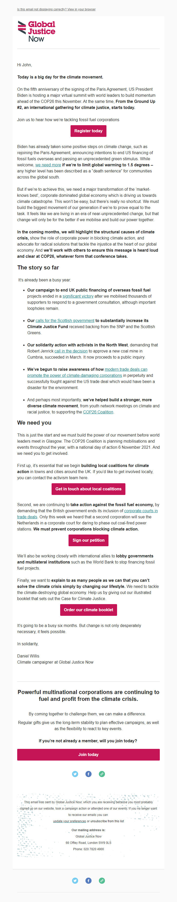 Screenshot of the email generated on import