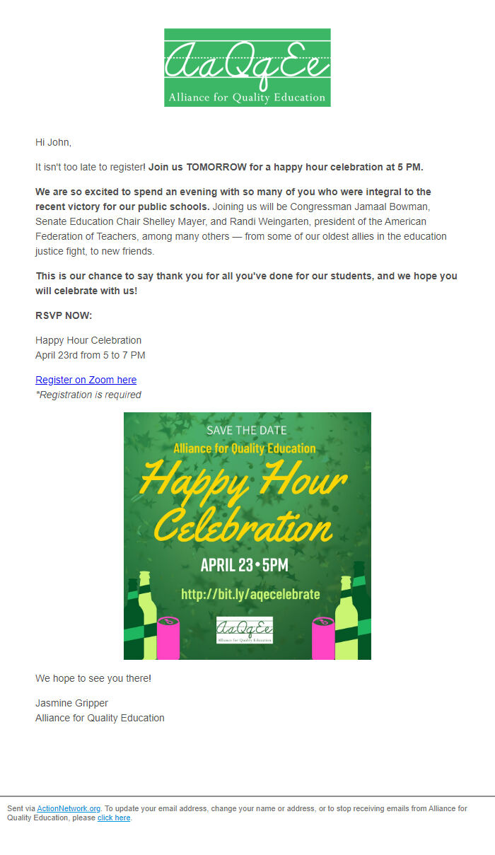 Screenshot of the email generated on import